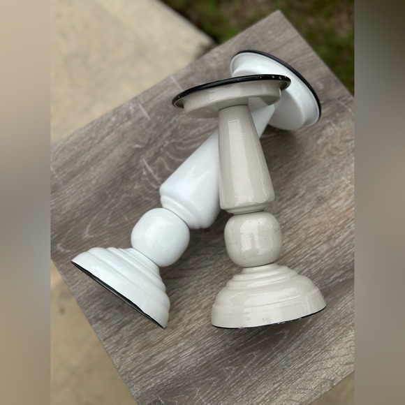 White Enamel Pillar 2 pc Candle Holders with Black Trim - Picture 4 of 8